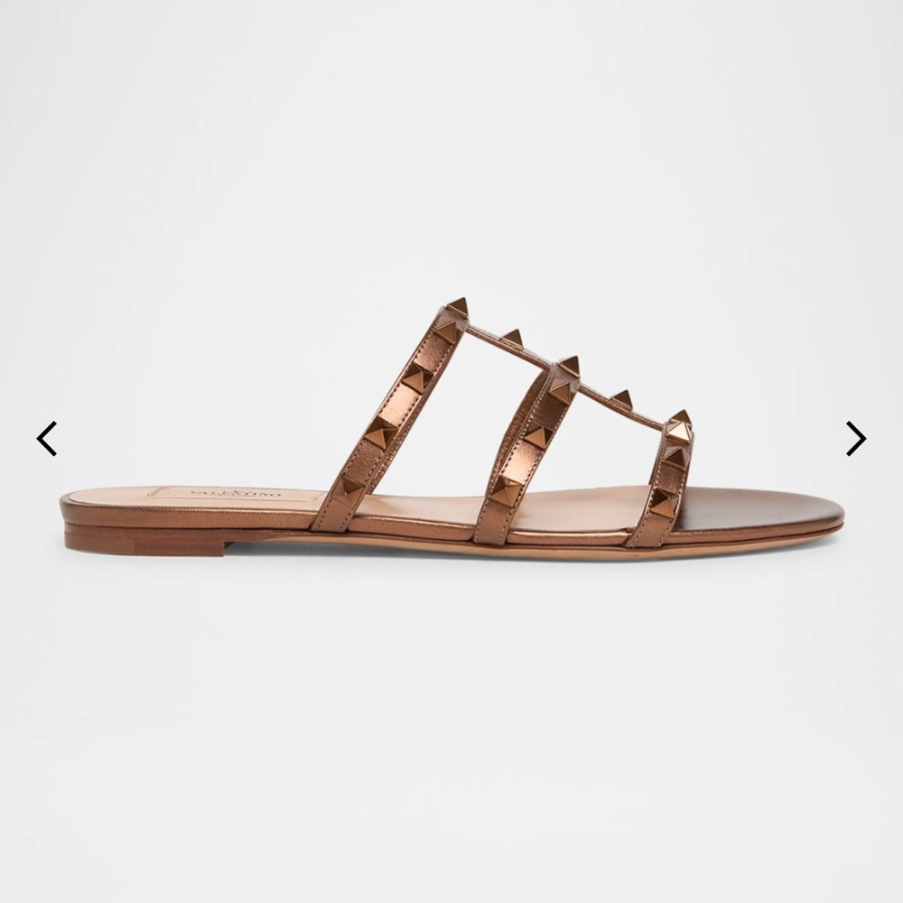 Valentino Garavani Rockstud Metallic (Bronze) Flat Slide Sandals